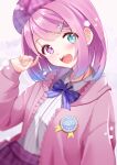  1girl :d badge bangs beret blue_eyes blurry blurry_foreground blush bow bowtie candy_hair_ornament collared_shirt food-themed_hair_ornament gem hair_ornament hairclip hand_up hat heterochromia highres himemori_luna hololive hood hoodie kowano looking_at_viewer open_mouth pearl_(gemstone) pink_eyes pink_hair plaid plaid_skirt purple_hair shirt short_hair skirt smile solo virtual_youtuber 