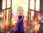  1girl alice_zuberg bare_arms blonde_hair blue_eyes blurry blurry_background bow braid braided_ponytail collarbone dress floating_hair from_outside game_cg hair_bow hair_intakes lens_flare long_hair open_mouth ponytail purple_dress sleeveless sleeveless_dress solo spaghetti_strap standing sword_art_online very_long_hair white_bow 