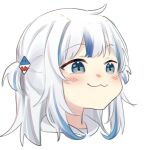  1girl bangs blue_eyes blue_hair gawr_gura hair_ornament hololive hololive_english mittsu multicolored_hair simple_background smile solo streaked_hair virtual_youtuber white_background white_hair 