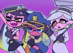  3girls ;d agent_3_(splatoon) black_dress black_gloves blue_eeys blue_headwear callie_(splatoon) closed_mouth cousins cross-shaped_pupils dress earrings fangs fingerless_gloves gloves gradient_hair green_hair grey_hair hat highres jewelry long_hair long_sleeves marie_(splatoon) mole mole_under_eye multicolored_hair multiple_girls mumiyon one_eye_closed orange_eyes outline pantyhose patchwork_clothes peaked_cap pointy_ears purple_background purple_hair scar scar_across_eye short_hair simple_background smile splatoon_(series) splatoon_3 squidbeak_splatoon stitches strapless strapless_dress tentacle_hair two-tone_hair white_pantyhose 