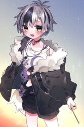  1boy :d bangs black_hair blush choker clothing_cutout crescent_print eringikinono fur-trimmed_jacket fur_trim highres holding jacket jewelry long_sleeves male_focus multicolored_hair navel navel_cutout necklace nijisanji open_mouth ring short_hair shorts smile solo suzuki_masaru tail tank_top two-tone_hair virtual_youtuber white_hair yellow_eyes 