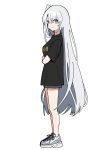  11sayuwan11 1girl alternate_costume bangs black_shirt blue_shorts closed_mouth crossed_arms full_body fuyutsuki_(kancolle) grey_eyes grey_hair hair_between_eyes highres kantai_collection long_hair looking_at_viewer one_side_up shirt shoes short_sleeves shorts simple_background smile sneakers solo standing t-shirt tachi-e very_long_hair white_background white_footwear 