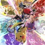  2boys 2girls ash_ketchum baseball_cap black_hair character_request commentary_request hat highres jacket kakashino_kakato multiple_boys multiple_girls open_mouth outstretched_arm pikachu poke_ball pokemon pokemon_(creature) pokemon_battle short_hair solo_focus tagme tongue tongue_out yellow_eyes 