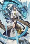  1girl absurdres arknights blue_hair breasts coat dragon dragon_horns dragon_tail earrings eastern_dragon gourd hakura_akiko highres horns jewelry lantern large_breasts ling_(arknights) long_hair pointy_ears shorts smile staff tail violet_eyes white_coat 