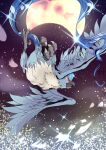  absurdres animal animal_focus articuno beak bird blue_sash claws commentary eclipse flying highres moon night night_sky no_humans open_mouth outdoors petals pokemon pokemon_(creature) red_eyes sash sky sparkle star_(sky) starry_sky t0k0d18 