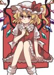  1girl back_bow blonde_hair blush border bow buttons closed_mouth collared_shirt crystal flandre_scarlet frills furiba_794 hand_up hat hat_bow jewelry looking_at_viewer mob_cap multicolored_wings no_shoes one_side_up outside_border puffy_short_sleeves puffy_sleeves red_background red_bow red_eyes red_skirt red_vest shirt short_hair short_sleeves simple_background sitting skirt socks solo touhou vest white_border white_bow white_headwear white_shirt white_socks wings 