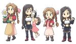  3girls aerith_gainsborough apron bangle bangs black_bra black_gloves black_hair black_skirt black_thighhighs blunt_bangs boots bra bracelet braid braided_ponytail breasts brown_apron brown_eyes brown_footwear brown_hair chibi clenched_hand closed_eyes crop_top cropped_jacket dress earrings elbow_gloves female_child final_fantasy final_fantasy_vii final_fantasy_vii_remake fingerless_gloves flexing flower flower_pot full_body gardening gloves green_eyes green_gloves hair_ribbon hand_on_hip hanging_on_arm highres jacket jewelry long_dress long_hair low-tied_long_hair marlene_wallace midriff miniskirt multiple_girls multiple_views navel open_mouth parted_bangs pink_dress pink_footwear pink_ribbon pose puffy_short_sleeves puffy_sleeves red_jacket ribbon shirt short_hair short_sleeves sidelocks skirt smile sports_bra standing thigh-highs tifa_lockhart tsubobot underwear white_background white_flower white_shirt 