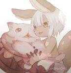  2others animal_ears brown_fur commentary_request continuo0226 fang furry green_eyes grey_hair highres horizontal_pupils in_container light_particles made_in_abyss mitty_(made_in_abyss) multiple_others nanachi_(made_in_abyss) open_mouth other_focus pants pouch puffy_pants red_pants short_hair signature sitting smile tail topless twitter_username whiskers white_pants 