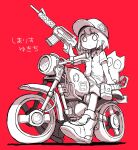  1girl absurdres bangs cat closed_mouth collared_shirt ground_vehicle gun hat highres holding holding_gun holding_weapon looking_at_viewer looking_down monochrome motor_vehicle motorcycle original red_background shirt shoes short_hair short_sleeves simple_background sitting sticker weapon white_cat white_hair white_headwear white_shirt yukichi_nya 