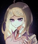  1girl ahoge akamatsu_kaede artist_name bangs black_background breasts brown_necktie closed_mouth collared_shirt danganronpa_(series) danganronpa_v3:_killing_harmony hand_up long_hair looking_at_viewer medium_breasts mikao_(eanv5385) musical_note necktie pink_eyes pink_vest portrait shiny shiny_hair shirt solo space vest white_shirt 