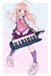  1girl :d ahoge akamatsu_kaede bangs blonde_hair blush collared_shirt danganronpa_(series) danganronpa_v3:_killing_harmony hair_ornament hand_up highres holding holding_instrument instrument keytar long_hair long_sleeves musical_note musical_note_earrings musical_note_hair_ornament musical_note_print necktie open_mouth pink_eyes pleated_skirt shirt shoes skirt smile sneakers socks solo sweater_vest tenhimi 