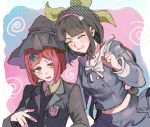  2girls bangs black_hair black_headwear black_jacket black_vest blue_skirt blush breasts chabashira_tenko clenched_hand closed_eyes collared_shirt danganronpa_(series) danganronpa_v3:_killing_harmony dress_shirt green_shirt grey_background grey_shirt grin hair_ornament hamipuro hand_up hat jacket long_hair long_sleeves medium_breasts mole mole_under_mouth multiple_girls navel open_clothes open_jacket redhead shirt short_hair skirt smile star_(symbol) star_hair_ornament stomach teeth vest witch_hat yumeno_himiko 