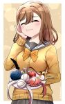 1girl absurdres border bow bowtie brown_hair cardigan closed_eyes closed_mouth eating feather_hair_ornament feathers grey_sailor_collar grey_skirt hair_bun hair_ornament hand_on_own_cheek hand_on_own_face highres holding holding_plate kunikida_hanamaru long_hair long_sleeves love_live! love_live!_sunshine!! outside_border plate pleated_skirt sailor_collar school_uniform ska.harumi skirt solo uranohoshi_school_uniform white_border yellow_bow yellow_bowtie yellow_cardigan