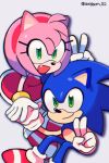  1boy 1girl :d amy_rose animal_nose bracelet closed_mouth commentary_request dress fang gloves green_eyes hairband jewelry looking_at_viewer open_mouth red_dress red_footwear red_hairband shoes smile songsom_s2 sonic_(series) sonic_the_hedgehog v white_gloves 