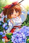  1girl :d absurdres arm_up backlighting bangs blonde_shrine_maiden_from_a_future_era_(touhou) blue_flower blunt_bangs bouquet bow detached_sleeves eyebrows_hidden_by_hair field flower flower_field gohei grass hair_bow hair_ribbon hakama highres hydrangea japanese_clothes light_blush looking_at_viewer nontraditional_miko oiceringi one_side_up open_mouth outdoors overexposure portrait_of_exotic_girls purple_flower red_bow red_hakama ribbon short_hair smile snail solo teeth touhou tress_ribbon upper_teeth white_bow 
