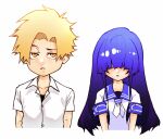  1boy 1girl bangs blonde_hair blue_hair chibi collarbone collared_shirt denpa_teki_na_kanojo frown hair_over_eyes highres hiraoka_koushi juuzawa_juu long_hair looking_at_viewer ochibana_ame shirt upper_body white_shirt yellow_eyes 