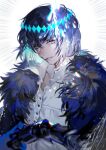  1boy aqua_hair bangs black_gloves blue_eyes blurry bokyo buttons chromatic_aberration cloak collarbone collared_shirt colored_inner_hair crown depth_of_field diamond_hairband fate/grand_order fate_(series) fur-trimmed_cloak fur_trim gloves highres looking_at_viewer male_focus multicolored_hair oberon_(fate) oberon_(third_ascension)_(fate) parted_lips purple_hair shirt short_hair solo teeth upper_body white_shirt 