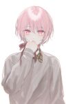  1girl absurdres androgynous crying crying_with_eyes_open deokbae dot_nose grey_sweater highres holding holding_ribbon long_sleeves looking_at_viewer ootori_emu pink_eyes pink_hair plaid_collar project_sekai red_ribbon ribbon short_hair simple_background solo sweater tears upper_body white_background 