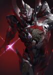 1boy absurdres alien armor chest_jewel dorsal_fin full_body giant highres looking_at_viewer male_focus nicholas_f open_hands pose red_background science_fiction shoulder_armor solo tokusatsu trigger_dark ultra_series ultraman_trigger ultraman_trigger_(series)