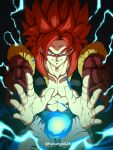  1boy absurdres blue_eyes blue_sash body_fur closed_mouth dragon_ball dragon_ball_gt electricity gogeta highres horang4628 incoming_attack looking_at_viewer male_focus metamoran_vest pants pectorals redhead sash smile solo super_saiyan super_saiyan_4 white_pants 