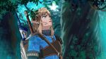  1boy armor blonde_hair blue_eyes blue_tunic bow_(weapon) earrings fairy forest hair_between_eyes high_collar jewelry link looking_at_another male_focus medium_hair nature navi outdoors parted_lips pointy_ears quiver shoulder_armor shoulder_belt sidelocks softp3ach solo sword the_legend_of_zelda the_legend_of_zelda:_breath_of_the_wild tree upper_body weapon weapon_on_back 