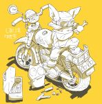  1boy animal_ears cat goggles goggles_on_head ground_vehicle highres holding holding_wrench looking_down looking_up monochrome motor_vehicle motorcycle original pants patch rabbit rabbit_ears screw screwdriver shoes simple_background toolbox white_cat wrench yellow_background yukichi_nya 