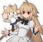  2girls :3 :o animal_ears antenna_hair arcueid_brunestud arms_up bangs black_bow black_pantyhose blonde_hair blue_skirt blush boots bow bowtie brown_footwear buttons cat_ears cat_tail commentary_request dress frilled_sleeves frills hair_between_eyes highres hirakawa juliet_sleeves long_hair long_sleeves melty_blood melty_blood:_type_lumina miniskirt multiple_girls neco-arc nekoarc pantyhose puffy_sleeves red_eyes short_hair simple_background single_hair_intake size_difference skirt sweater tail tsukihime tsukihime_(remake) upper_body very_long_hair white_background white_dress white_sweater wide_sleeves younger 