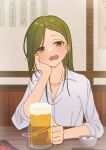  1girl :o alcohol beer beer_mug blush collarbone cup green_eyes green_hair hand_on_own_cheek hand_on_own_face head_rest highres idolmaster idolmaster_shiny_colors long_hair looking_at_viewer mug nanakusa_hazuki nasu_danshaku outdoors restaurant round_teeth shirt solo straight_hair teeth white_shirt 