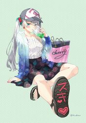  1girl bangs baseball_cap blue_eyes blush cup disposable_cup drinking_straw earrings error grey_hair hair_ornament hat jacket jewelry long_hair miyabi_akino nail_polish open_clothes open_jacket original sandals sitting skirt solo twintails wrong_feet 