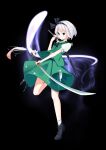  1girl absurdres bangs black_background black_footwear black_hairband blue_eyes closed_mouth full_body green_skirt green_vest hairband highres holding holding_sword holding_weapon katana konpaku_youmu konpaku_youmu_(ghost) light_smile looking_away pleated_skirt puffy_short_sleeves puffy_sleeves sheath sheathed shirt shoes short_sleeves sijidiaoxian skirt skirt_set socks solo standing standing_on_one_leg sword touhou unsheathed v-shaped_eyebrows vest weapon white_hair white_shirt white_socks 