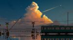 absurdres chinese_commentary clouds commentary_request evening ground_vehicle highres no_humans original power_lines railroad_crossing scenery sky star_(sky) starry_sky train utility_pole water yu_jing 