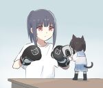  animal_ears bangs black_hair black_socks blue_hair blue_sailor_collar blue_skirt boxing_gloves cat_ears cat_girl cat_tail chibi from_behind hands_up hibike!_euphonium highres kasaki_nozomi kitauji_high_school_uniform liz_to_aoi_tori long_hair looking_at_another lyy pink_eyes pleated_skirt sailor_collar school_uniform serafuku shirt short_sleeves skirt socks standing table tail uniform white_shirt yoroizuka_mizore 