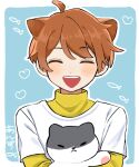  2boys animal_ears blue_background blush border cat cat_boy cat_ears closed_eyes closed_mouth gumi_(purrfect_tale) highres le_pire_amour long_sleeves looking_at_viewer multicolored_background multiple_boys oliver_(purrfect_tale) orange_hair purrfect_tale short_hair smile white_background white_border 