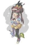  1girl anzu_(01010611) black_pantyhose blue_footwear bow brown_hair double_bun doughnut_hair_bun hair_bun hand_on_own_chin highres legwear_under_shorts long_hair on_head oshawott pantyhose pink_bow pokemon pokemon_(creature) pokemon_(game) pokemon_bw2 pokemon_masters_ex pokemon_on_head raglan_sleeves rosa_(pokemon) shoes short_shorts shorts sneakers snivy sparkle standing starter_pokemon_trio stroking_own_chin tepig twintails visor_cap yellow_shorts 