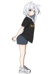  11sayuwan11 1girl alternate_costume arms_behind_back bangs black_shirt blue_eyes blue_shorts full_body grey_hair hair_between_eyes highres interlocked_fingers kantai_collection leaning_forward long_hair one_side_up shirt shoes short_sleeves shorts simple_background smile sneakers solo standing suzutsuki_(kancolle) t-shirt tachi-e white_background white_footwear 