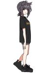  11sayuwan11 1girl alternate_costume bangs black_footwear black_hair black_shirt blue_shorts full_body grey_eyes hair_flaps hatsuzuki_(kancolle) highres kantai_collection looking_at_viewer parted_lips shirt shoes short_sleeves shorts simple_background sneakers solo standing t-shirt tachi-e white_background 