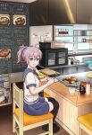  1girl aoba_(kancolle) black_thighhighs blue_eyes blue_scrunchie blue_shorts chair chalkboard commentary_request counter food griddle hitakikan kantai_collection kitchen neckerchief okonomiyaki ponytail purple_hair purple_sailor_collar sailor_collar sailor_shirt scrunchie shirt shorts sitting solo spatula thigh-highs translation_request white_shirt 