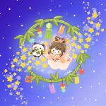  1girl bamboo bangs blush_stickers brown_hair chara_chara_makiato chibi hair_ornament hakama japanese_clothes long_sleeves original panda sky smile star_(sky) star_(symbol) star_hair_ornament starry_sky tanabata tanzaku updo 