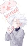  1boy artist_name asymmetrical_bangs bangs belafu_(human) chinese_commentary closed_eyes commentary_request crying cup disposable_cup drinking drinking_straw euphemism furrowed_brow goblet_42 grey_hair grey_sweater hands_up highres holding holding_cup layered_clothes long_sleeves made_in_abyss male_focus medium_hair mitty_(made_in_abyss) multiple_sources objectification projected_inset pun short_hair simple_background sketch solo sparkle sweater turtleneck upper_body watermark weibo_logo weibo_username white_background 