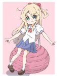  1girl :3 ball bangs blonde_hair blue_skirt blush_stickers bow brown_footwear closed_mouth commentary_request exercise_ball full_body green_eyes hair_between_eyes hair_bow heart highres himesaka_noa kapuru_0410 loafers long_hair looking_at_viewer parted_bangs pink_background pleated_skirt ponytail puffy_short_sleeves puffy_sleeves red_bow school_uniform shadow shirt shoes short_sleeves skirt socks solo thick_eyebrows two-tone_background very_long_hair watashi_ni_tenshi_ga_maiorita! white_background white_shirt white_socks 