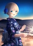  1girl :d absurdres blonde_hair blue_kimono commentary_request floral_print flower hair_flower hair_ornament highres holding_fireworks japanese_clothes kimono looking_at_viewer open_mouth original outdoors senri_(senri_sen) short_hair smile solo upper_body yukata 