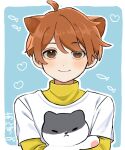  2boys animal_ears blue_background blush border cat cat_boy cat_ears closed_mouth gumi_(purrfect_tale) highres le_pire_amour long_sleeves looking_at_viewer multicolored_background multiple_boys oliver_(purrfect_tale) orange_eyes orange_hair purrfect_tale short_hair smile white_background white_border 