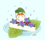  animal blush_stickers cat chara_chara_makiato flower food holding holding_leaf hydrangea leaf leaf_umbrella no_humans original plate rain wagashi 