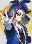  1boy absurdres adaman_(pokemon) blue_coat brown_eyes closed_mouth coat collarbone commentary_request eyebrow_cut green_hair hand_up highres long_hair looking_at_viewer male_focus multicolored_hair nori_(hgdm2784) pokemon pokemon_(game) pokemon_legends:_arceus ponytail smile solo split_mouth upper_body w 