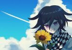  1boy artist_name bangs black_hair blush checkered_clothes checkered_scarf clouds danganronpa_(series) danganronpa_v3:_killing_harmony day flower grey_jacket grin hair_between_eyes holding holding_flower jacket looking_at_viewer male_focus medium_hair mikao_(eanv5385) ouma_kokichi outdoors scarf shiny shiny_hair smile solo sunflower teeth violet_eyes 