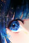  1girl 58_(opal_00_58) bangs blue_eyes blue_hair blue_sclera blunt_bangs close-up colored_sclera continents earth_(planet) eyelashes glowing highres light_particles looking_to_the_side original planet short_hair 