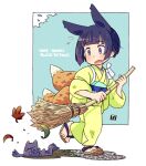  &gt;_&lt; 1girl animal_ears autumn_leaves bamboo_broom bangs black_hair blue_background blush broom brown_footwear demon fang flying_sweatdrops fox_ears fox_girl fox_tail green_kimono holding holding_broom japanese_clothes kimono kitsune kukuri_(mawaru) leaf long_sleeves lying maple_leaf mawaru_(mawaru) obi on_stomach open_mouth original sash standing standing_on_one_leg tail tasuki two-tone_background violet_eyes white_background zouri 