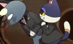  2boys animal_crossing animal_ears artist_name bangs black-framed_eyewear black_bow black_bowtie black_eyes black_jacket blank_eyes blonde_hair blood blood_from_mouth blue_fur blurry blurry_background body_fur boke-chan bottomless bow bowtie breast_pocket brown_background buttons cat_boy cat_ears cat_tail closed_mouth colored_sclera commentary cowboy_shot from_side furry furry_male glasses grey_fur half-closed_eyes hand_up indoors jacket long_sleeves looking_at_another male_focus meme motion_blur multiple_boys pocket profile punchy_(animal_crossing) raymond_(animal_crossing) shirt short_hair signature sketch slapping standing tail traditional_bowtie twitter_username two-tone_fur whiskers white_eyes white_fur white_shirt will_smith_slapping_chris_rock_(meme) yellow_sclera 