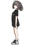  11sayuwan11 1girl akizuki_(kancolle) alternate_costume bangs black_hair black_shirt blue_shorts closed_mouth full_body grey_eyes highres kantai_collection looking_at_viewer ponytail shirt shoes short_sleeves shorts simple_background sneakers solo standing t-shirt tachi-e white_background white_footwear 