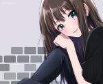  1girl aqua_eyes ayaca black_hair black_pants black_shirt grey_background idolmaster idolmaster_cinderella_girls knee_up long_hair looking_at_viewer pants shibuya_rin shirt simple_background sitting smile solo 